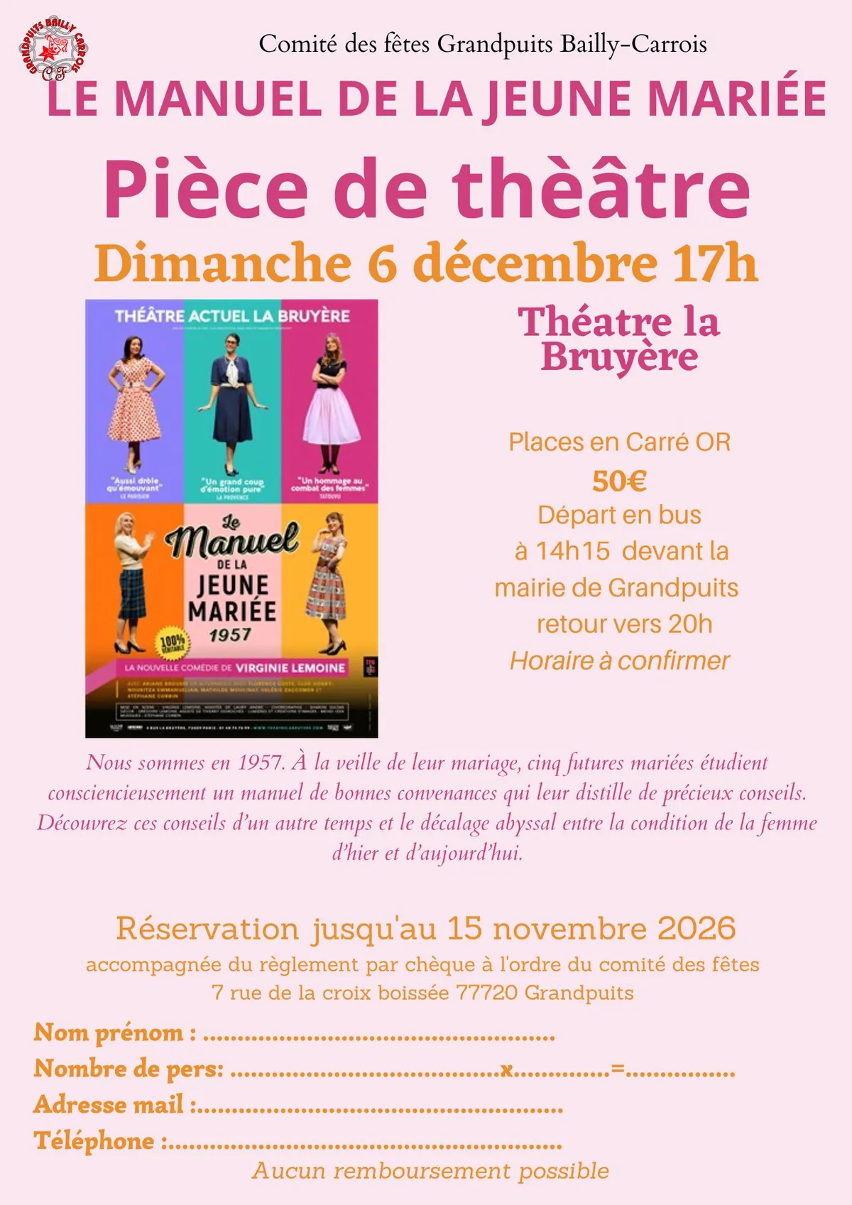 Sortie théâtre Le Manuel de la jeune mariée au Théâtre la Bruyère