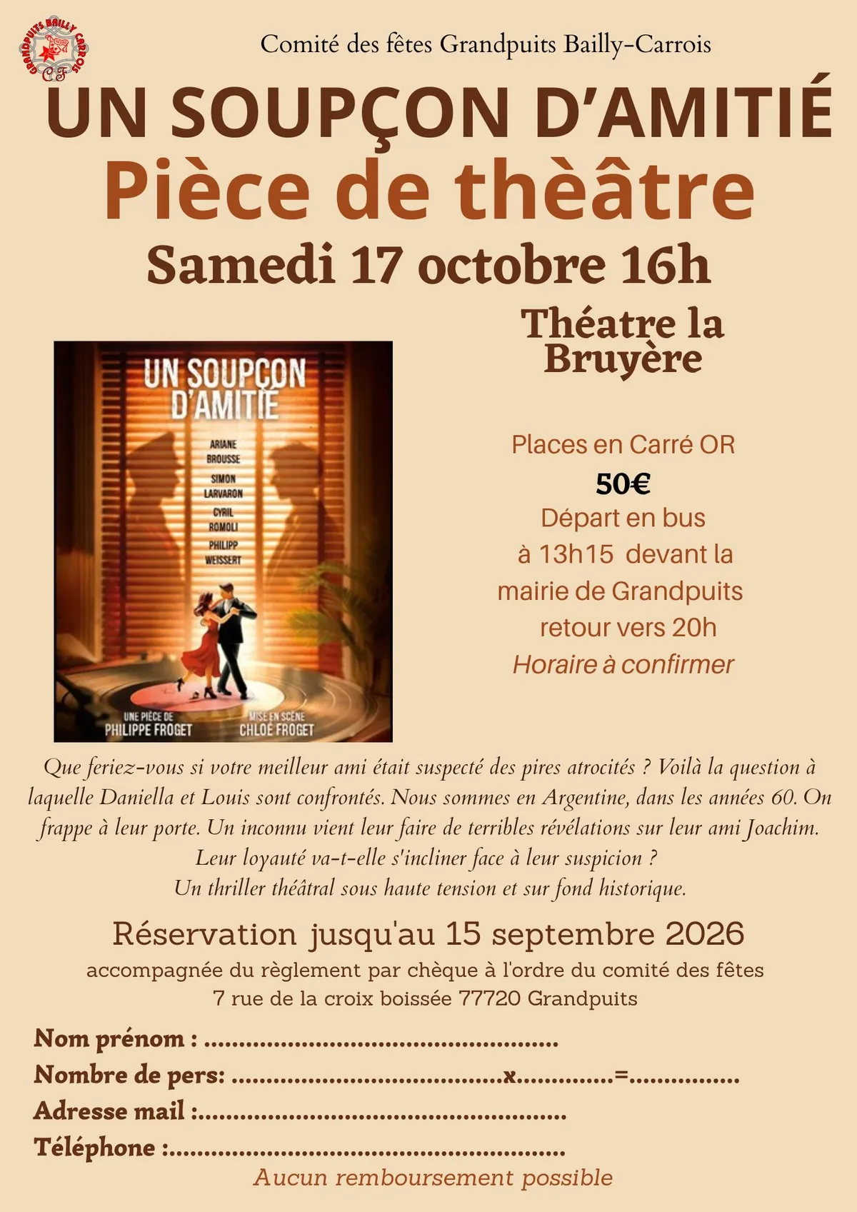Sortie théâtre Un soupçon d'amitié au Théâtre la Bruyère